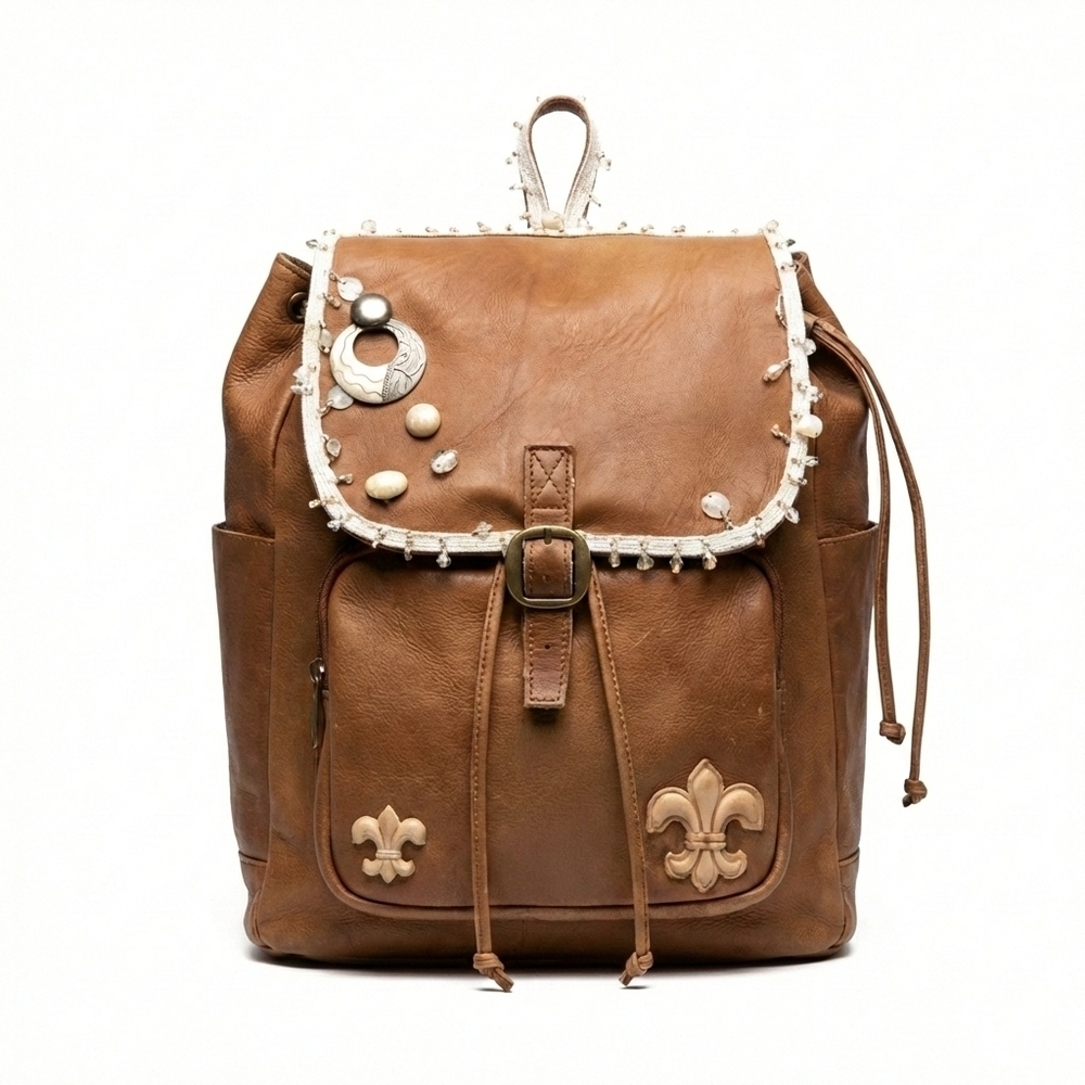 Handmade Brown Leather Backpack Sea Shell Accents